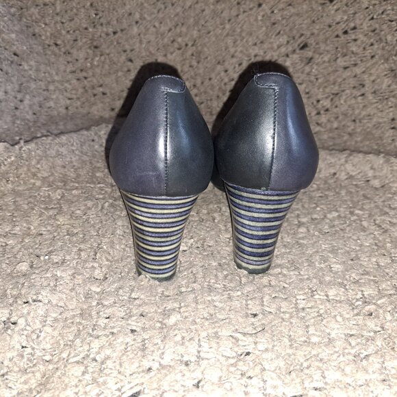 CAMPER TWINS-X & O-Black Leather-Blue/Grey Stripe Heels-Size 41-Excellent - Picture 6 of 8
